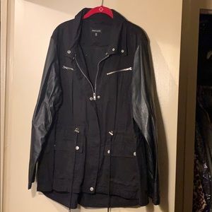 Black Utility Jacket with Faux Leather Sleeves